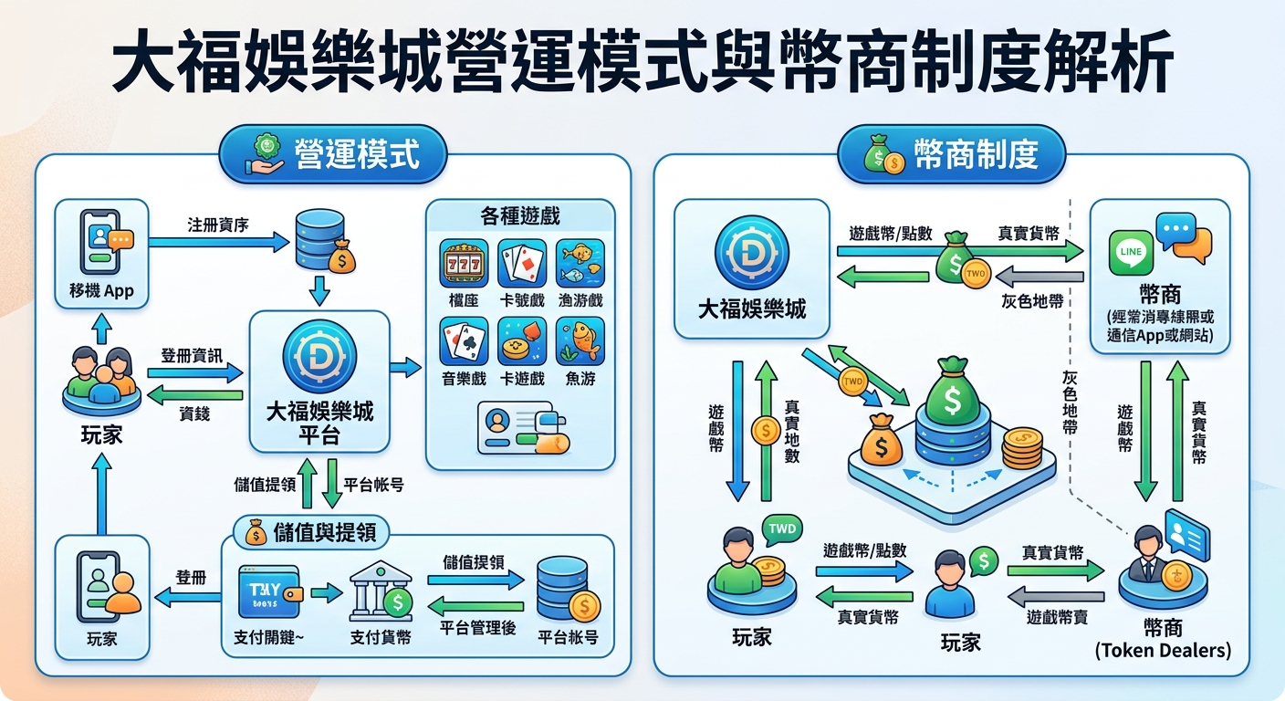 這張圖表清晰展現了「大福娛樂城」的雙軌運作機制，左側說明玩家透過多元支付儲值並體驗各類社交遊戲的營運模式。 右側則解析玩家與第三方幣商之間進行遊戲幣與真實貨幣交易的灰色地帶生態。
