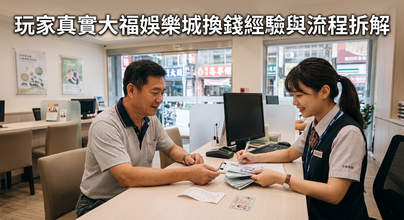 這張圖片展示了一名男子坐在櫃檯前，正由服務人員協助辦理現金兌換與相關流程。 上方以醒目的繁體中文標註著標題「玩家真實大福娛樂城換錢經驗與流程拆解」。