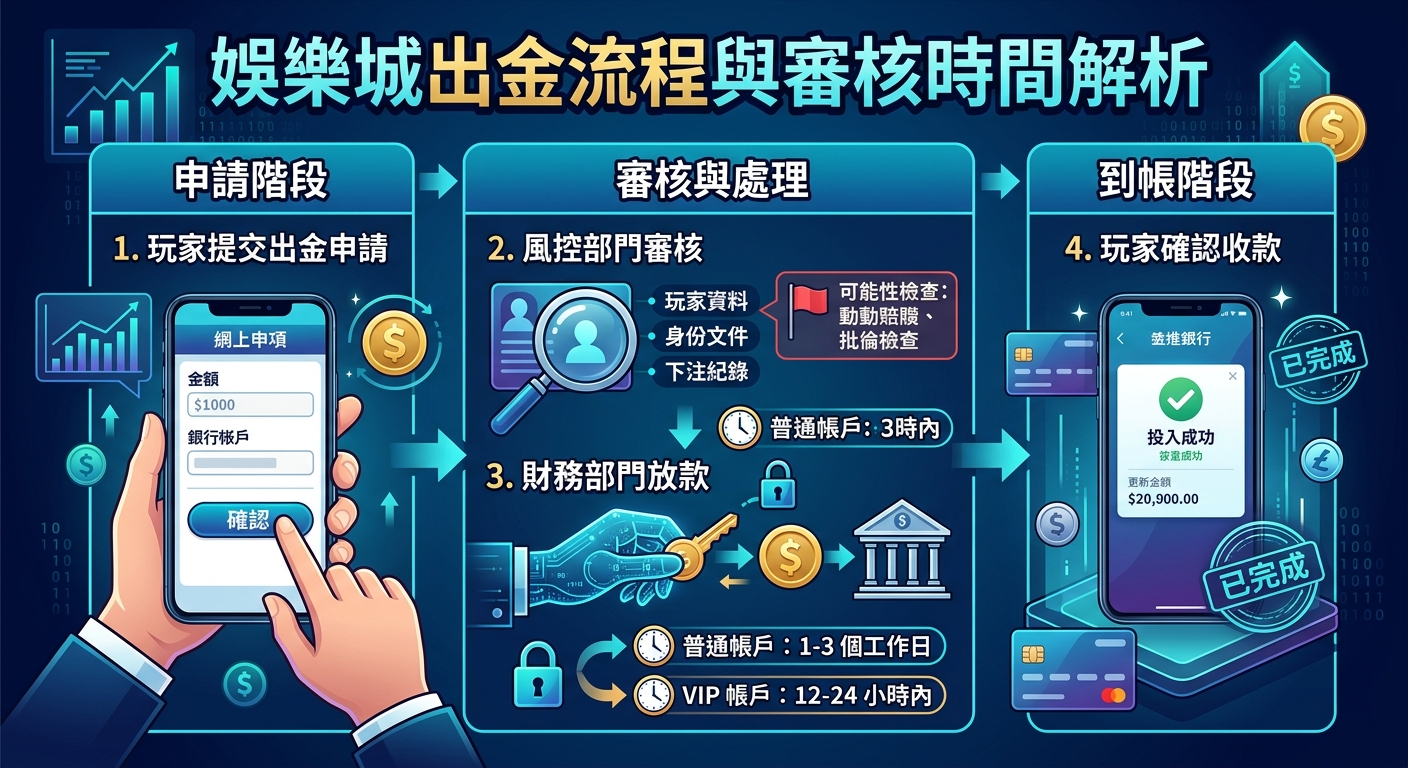 這張圖表詳細解析了娛樂城出金的完整流程與審核時間,包含申請、風控與財務審核到最終到帳等階段。 透過清晰的步驟說明與時間標示,幫助使用者輕鬆掌握提現手續與各階段所需的處理時間。